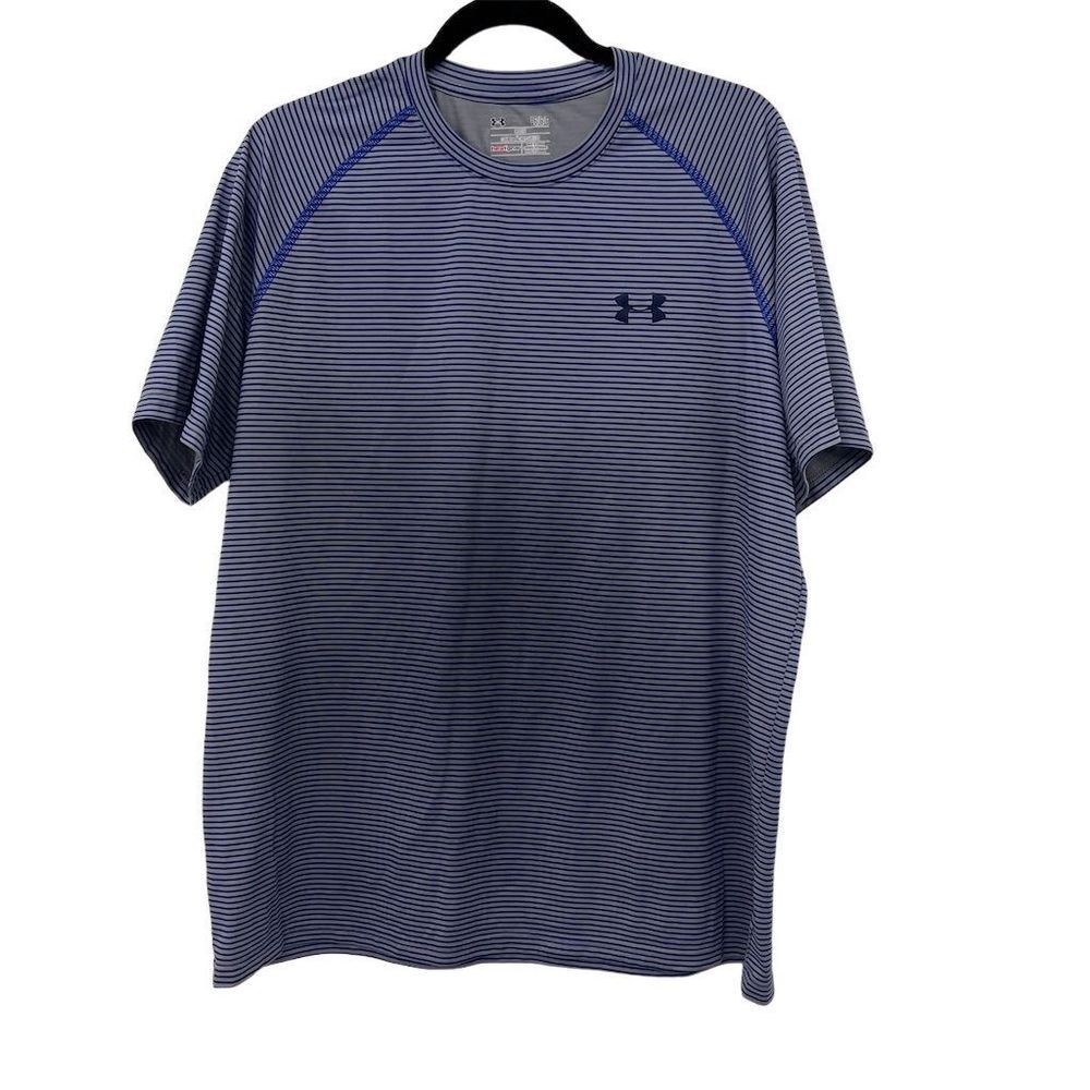 Under Armour HeatGear Men's L Blue Striped Crew Neck Athletic‎ Shirt